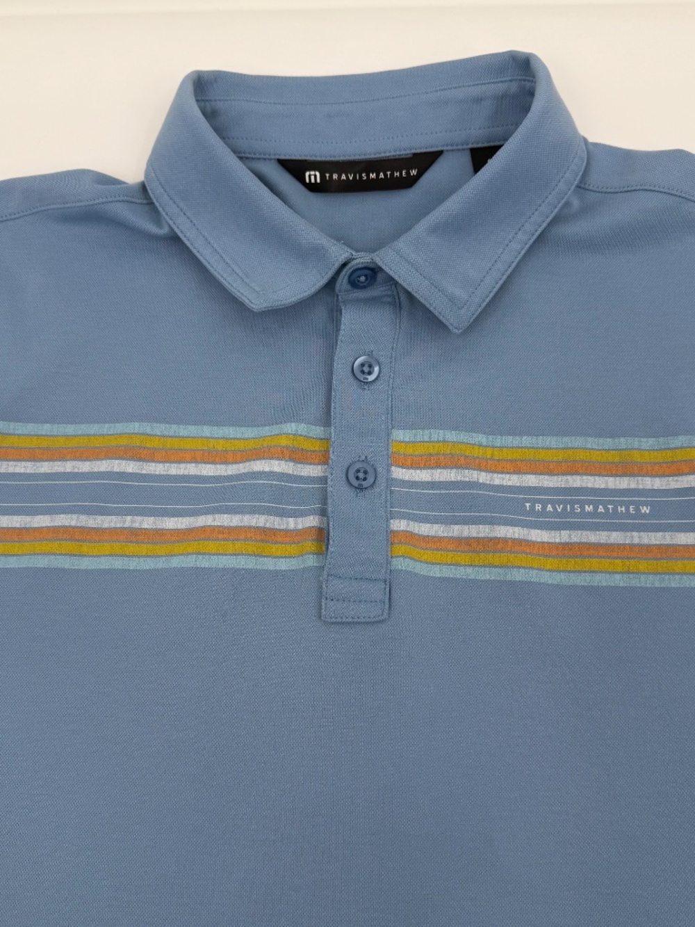 Travis Mathew Polo Shirt Men Small Light Blue Orange Yellow Stripe Short Sleeve